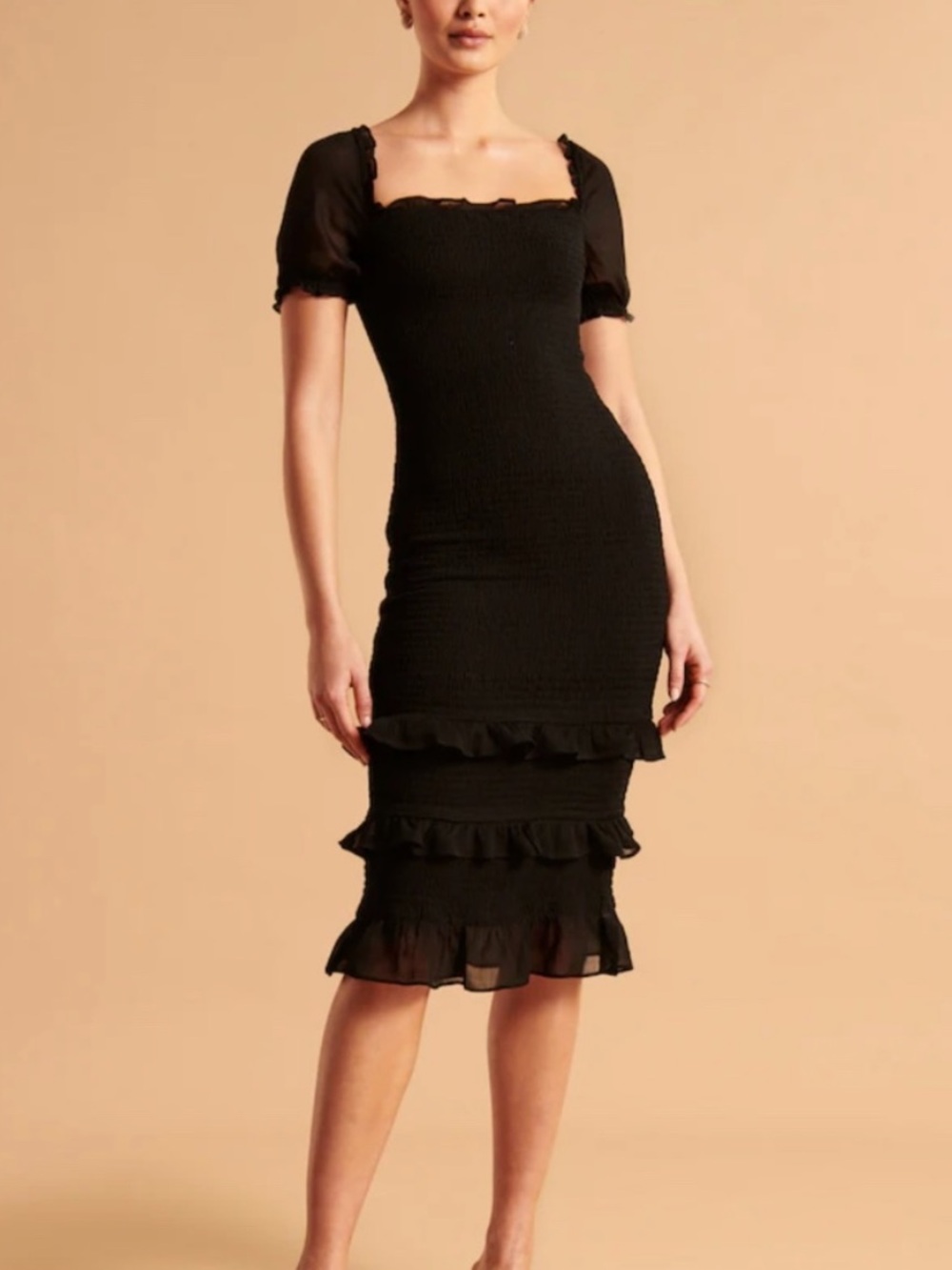 NWT Abercrombie & Fitch, Black Smocked Puff Sleeve Midi Dress